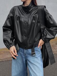 FRIFUL Jaket Kasual Wanita Lengan Panjang Kancing Tunggal Potongan Reguler Bahan Kulit PU Warna Polos untuk Musim Gugur - Hitam - View 6