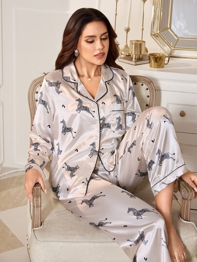 LuxeNights Women's Faux Silk Zebra Print Open Front Lapel Long Sleeve Pants Pajama Set