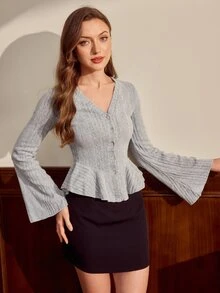 Vintamour Vintage French Casual Elegant Women's Fitted Ribbed Knit Blouse, Flared Sleeve, Ruffle Hem Skirt-Style Shirt, Light Grey Work Dinner Office Fall - Grey - View 6