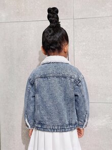 SHEIN Blå denimjacka med krage och långa ärmar för flickor - Ljustvätt - Visa 2