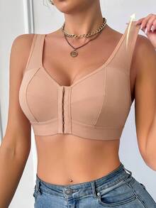 SHEIN 1pc Women's Solid Color Casual Comfortable Front Closure Bra - Dusty Pink - View 5
