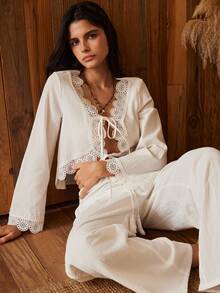 Lullawish Bohemian 100% Lace Hollow Out Women's Pajama Set - White - View 6