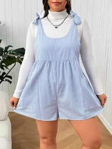SHEIN EZwear 大尺碼女款條紋肩結休閒連身短褲 - 藍白色 - 查看 3