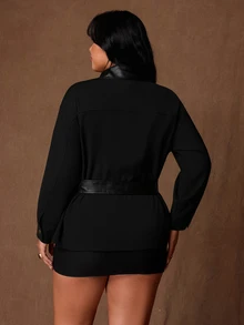 Rustia Plus Size Solid Color Long Sleeve Casual PU Collar Patchwork Woven Cinched Cinched Waist Jacket, Autumn/Winter - Black - View 2