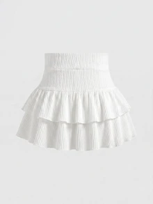 SHEIN 青少年女孩針織純色可愛荷葉邊分層內建短褲迷你裙，Y2K時尚個性女孩款 - 白色 - 查看 2