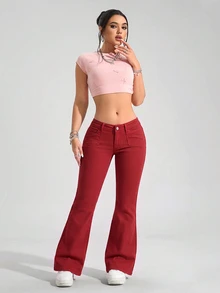 SHEIN PETITE 低腰修身喇叭牛仔褲，冬季，新年牛仔褲，聖誕女裝，適合嬌小女性 - 珊瑚紅 - 查看 3