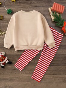 SHEIN 女童秋冬聖誕可愛小狗拼接衛衣與紅色條紋內搭褲2件套 - 卡其色 - 查看 2