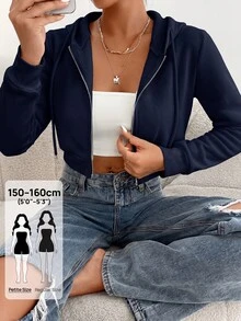 SHEIN PETITE 女款拉鍊連帽短款運動衫，長袖上衣，畢業季與返校穿搭 - 藏蓝色 - 查看 1