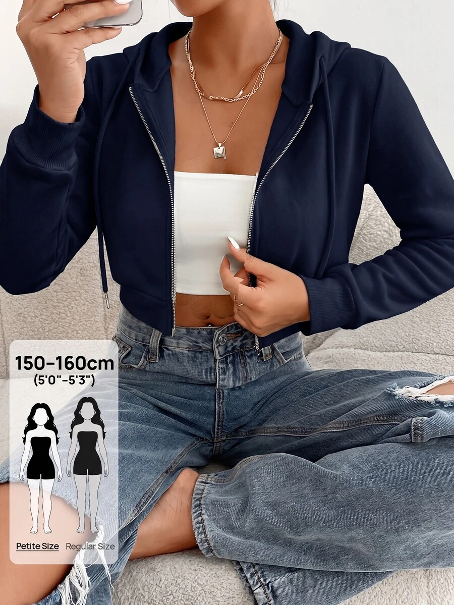 SHEIN PETITE 女款拉鍊連帽短款運動衫,長袖上衣,畢業季與返校穿搭 - 藏蓝色 - 查看 1