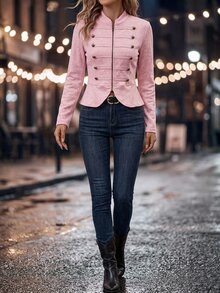 SHEIN Clasi 女款純色長袖拉鍊拿破崙夾克，淺粉色，適合萬聖節、新年派對、辦公室，秋季學院風優雅外套 - 粉色 - 查看 6