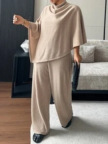 Dazy Plus Loose Asymmetrical Design Pullover Top & Long Pants 2 Pieces Set, Elegant Outfit, Spring/Autumn New Arrival - Khaki - View 3