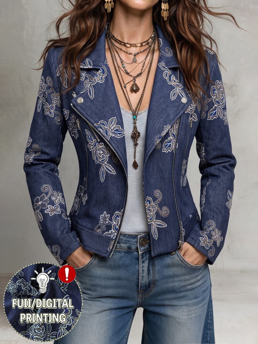 SHEIN 女款新款極簡日常丹寧花卉長袖夾克 秋冬款 - 藍色 - 查看 1