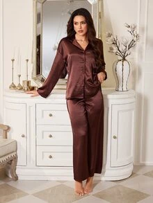 LuxeNights Minimalist Solid Color Satin Lapel Pajama Set, 2 Pieces - Coffee Brown - View 5