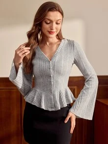 Vintamour Vintage French Casual Elegant Women's Fitted Ribbed Knit Blouse, Flared Sleeve, Ruffle Hem Skirt-Style Shirt, Light Grey Work Dinner Office Fall - Grey - View 4