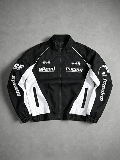 PAVTROS Men's Street Style Racing Jacket, Color Block Pattern Design