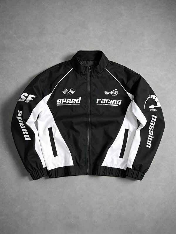 PAVTROS Men's Street Style Racing Jacket, Color Block Pattern Design