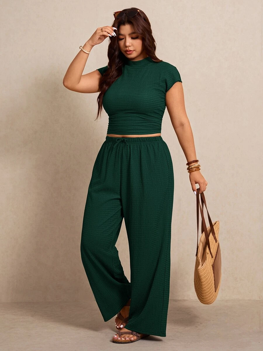 Elaquor Plus Size Women Solid Color Pleated Top And Pants Casual Everyday 2 Pieces Set - Dark Green - View 1
