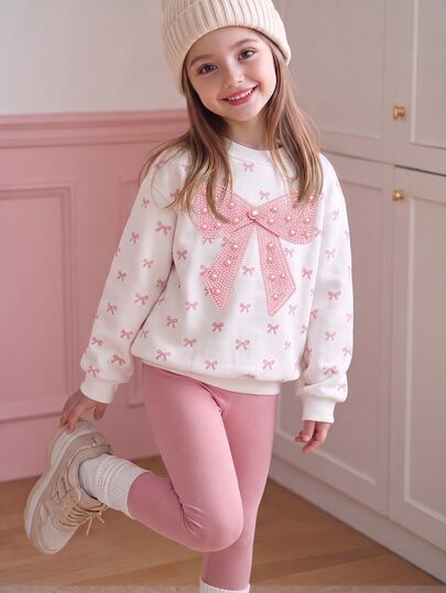 SHEIN Set Warna Pink Manis, Motif Hati Geometris Abstrak, Pakaian Kasual Nyaman Lembut Hangat untuk Anak Perempuan Remaja, Atasan Sweatshirt Lengan Panjang Leher Bulat & Legging, Cocok untuk Pakaian Sehari-hari Musim Gugur/Dingin, Palet Warna Maillard, Liburan, Musim yang Nyaman
