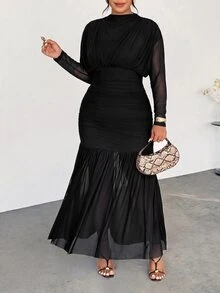Firerie Plus Size Women Solid Color Pleated Casual Party Dress Fall - Black - View 4