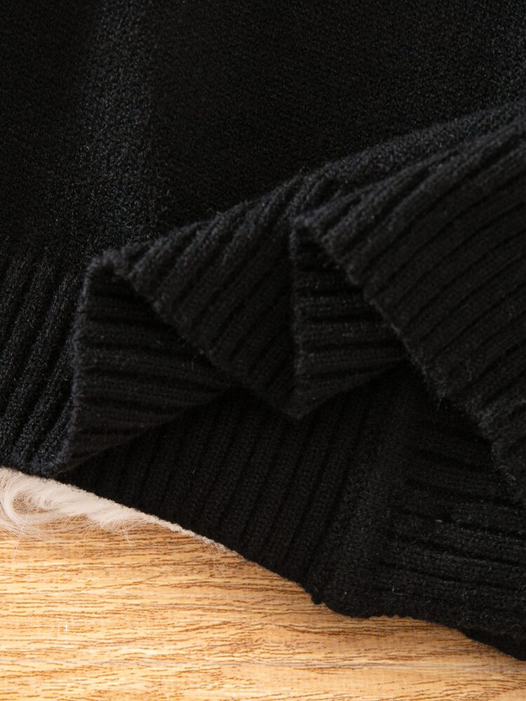 SHEIN Young Boy Solid Color Textured Single-Breasted Long Sleeve Knit Cardigan - Black - View 3