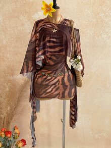 Soleia 動物印花披肩袖透視女款滿版印花洋裝與純色上衣休閒兩件套性感女裝 - 彩色 - 查看 5