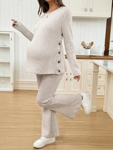 SHEIN Maternity Solid Color Long Sleeve Top And Adjustable Long Pants Casual Daily 2 Pieces Set - Khaki - View 5