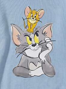 TOM & JERRY X SHEIN SHEIN EZwear 女款卡通圖案藍色寬鬆舒適休閒簡約百搭毛衣，適合外出、街頭穿搭、機場造型 - 藍色 - 查看 3