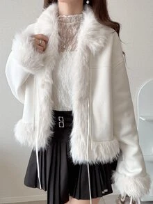 FRIFUL Women's Patchwork Fur Front Tie Long Sleeve Elegant Jacket - Beige - View 8