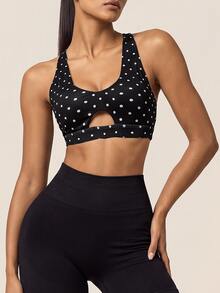 SHEIN BAE Women Black Polka Dot Cross Back Open Back T-Shirt Gym Workout Training Running Yoga Athletic Activewear - Black - View 4