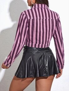 Jeanoix Autumn Casual Striped Cropped Denim Jacket - Multicolor - View 2