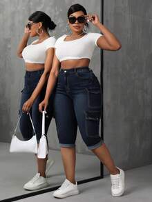 SHEIN CURVE+ Plus Size Cowgirl Outfit Blue Stretch Denim Cargo Pocket Sexy Tight Capris - Dark Wash - View 6