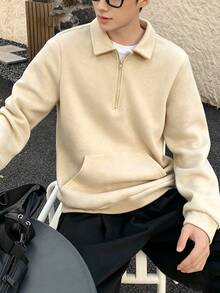 Mirajuku 青少年男孩休閒學院風 Polo 領半拉鍊運動衫，適合校園、休閒與運動穿著 - 杏色 - 查看 1