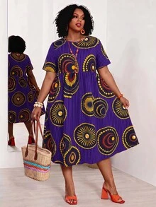 EMERY ROSE Plus Size Women's Geometric Pattern Round Neck Short Sleeve Casual Dress - Purple - View 3