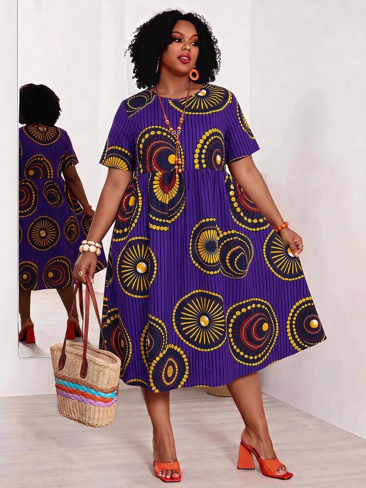 EMERY ROSE Plus Size Women's Geometric Pattern Round Neck Short Sleeve Casual Dress - Purple - View 3