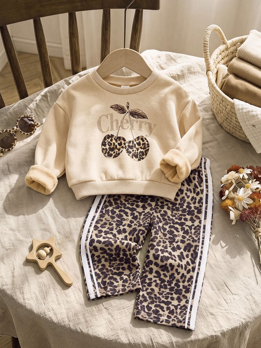 Babygirl Leopard Print Cute Autumn/Winter Versatile Sweatshirt & Pants Set - Khaki - View 1