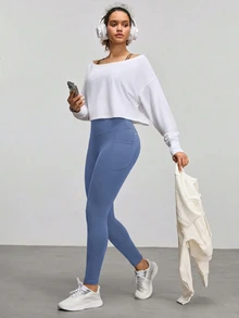 SHEIN With My Calm 女款高腰口袋休閒百搭日常穿著運動緊身褲 - 藍色 - 查看 3