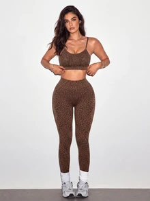 Slayform Seamless High Elasticity Sports Fitness Yoga Bra & Leggings Set With Sexy Leopard Print And Mesh Design - Brown - View 8