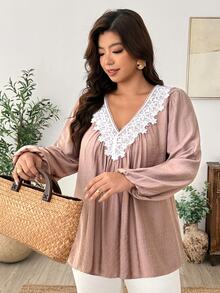 SHEIN LUNE Blus Longgar Lengan Panjang Berkerah V dengan Detail Renda dan Kerutan Ukuran Plus untuk Pakaian Kasual, Jalan-jalan, Kencan, Pesta, Perjalanan Sehari-hari, dan Pakaian Rumah Musim Gugur - Dusty Pink - View 7