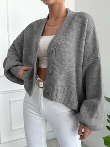 SHEIN كارديجان نسائي مقاس كبير بلون موحد وياقة على شكل حرف V وأزرار أمامية وأكمام طويلة أنيق - رمادي - مشاهدة 4