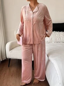 Napfluff CURVE Napfluff CURVE Plus Size Women's Embossed Gold Velvet Pajama Set - Pink - View 6