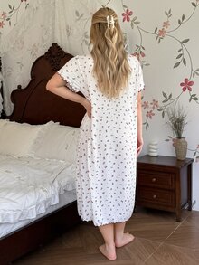 CottageSlumber Sweet Fresh Floral Heart Print Plus Size Nightgown, Girly Bow & Frill Trim Design Loungewear - Apricot - View 2