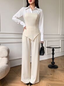 Celisse Spring/Autumn Beige 2 In 1 Waist-Cinching Top And Wide-Leg Pants Suit Set, Professional Commuter Outfit For Office, Interview, Afternoon Tea, Elegant Style - Beige - View 3