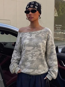 Attitoon Plus Size Women's Off-Shoulder Camouflage Casual Versatile Sweatshirt - Multicolor - View 4