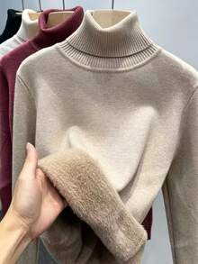INAWLY One-Piece Thermal Lined Thickened Slim Fit Turtleneck Knit Top - Khaki - View 8