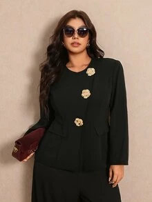 Elaquor Plus Size Women's Metal 3D Flower Button Long Sleeve Elegant Blazer Elegant Suit Women Fall/Winter Elegant Office Business Work Suit Set For Women - Black - View 3