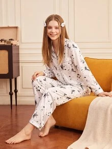 Provexi Provexi Women's Long Sleeve Long Pants Cartoon Print 2 Pieces Pajama Set - White - View 2