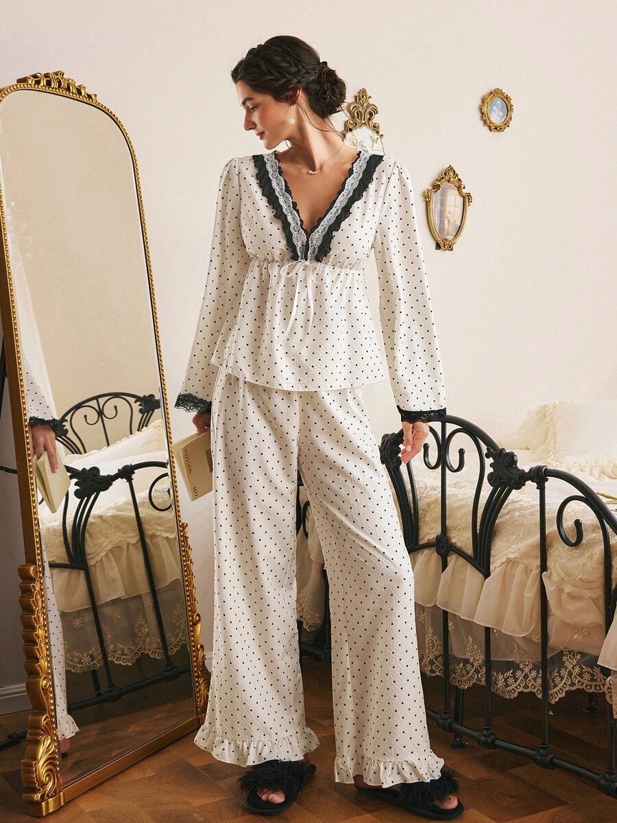 Côtesoire Women's Romantic Elegant Polka Dot Print Contrast Color Lace Long Sleeve Long Pants Pajama Set - Black and White - View 1