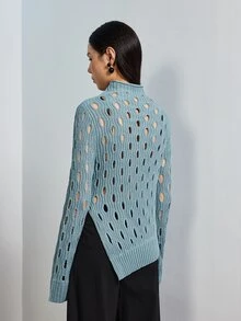 كنزة نسائية MERLEAU-F زرقاء ضيقة بتصميم مفتوح ومحبوكة بكابلات وياقة وهمية، أسلوب مكتب فاخر حديث للخريف للعمل والحفلات والارتداء اليومي، ملابس علوية علوية للخريف - الأزرق - مشاهدة 2