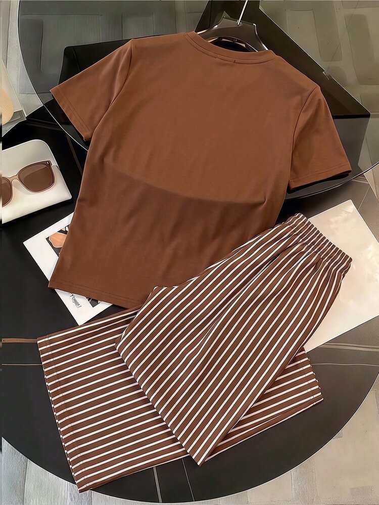 Muvela Women's Solid Color Round Neck Short Sleeve T-Shirt And Striped Drawstring Waist Long Pants 2 Pieces Set - Multicolor - View 2