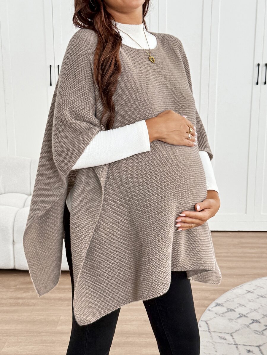 SHEIN 孕婦純色船領蝙蝠袖寬鬆休閒針織衫 - 卡其色 - 查看 1